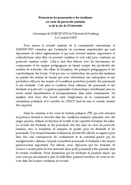 Université de Strasbourg : Remettons les personnels et les étudiants  au cœur du protocole sanitaire et de la vie de l’Université - CP du Snesup-Fsu Strasbourg du 5 novembre 2020