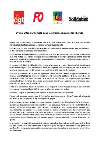 1er mai 2021 : Ensemble pour les droits sociaux et les libertés - Appel unitaire avril 2021