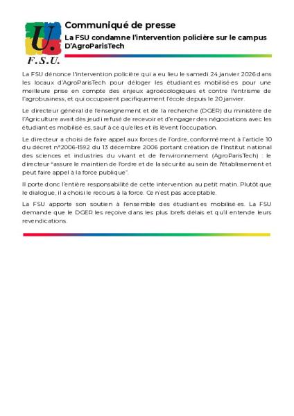 La FSU condamne l’intervention policière sur le campus D’AgroParisTech - Communiqué FSU du 24 janvier 2026