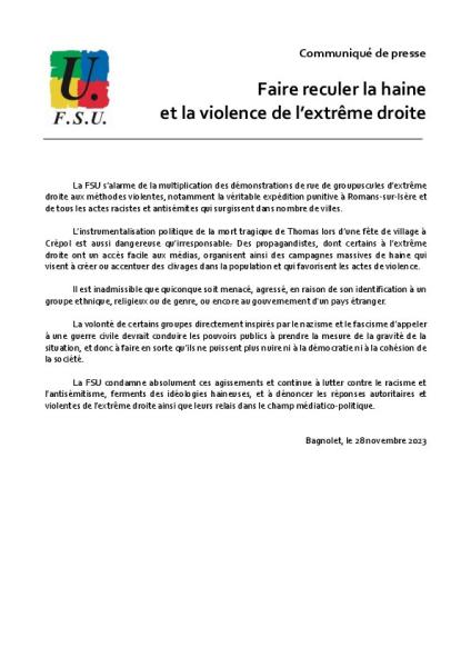 Faire reculer la haine et la violence de l’extrême droite - Communiqué de presse FSU du 28 novembre 2023 