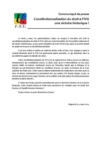 Constitutionnalisation du droit à l'IVG : une victoire historique ! - Communiqué de presse FSU du 4 mars 2024