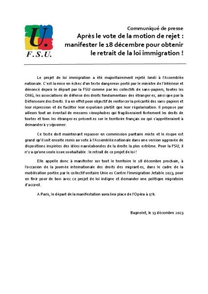 Après le vote de la motion de rejet : manifester le 18 décembre pour obtenir le retrait de la loi immigration ! - Communiqué de presse FSU du 13 décembre 2023