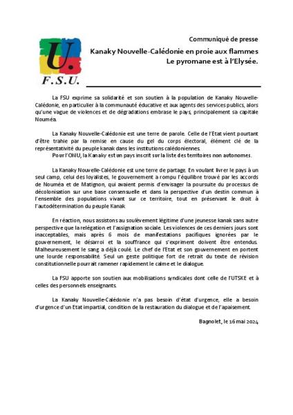 Kanaky Nouvelle-Calédonie en proie aux flammes - Communiqué de presse FSU du 16 mai 2024