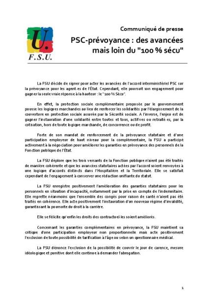 PSC-prévoyance : des avancées mais loin du « 100 % sécu » - Communiqué de presse FSU du 18 octobre 2023