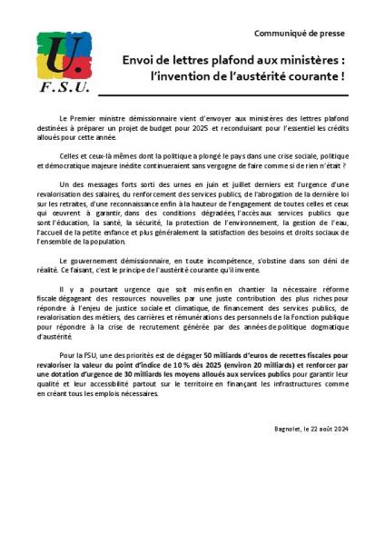 Envoi de lettres plafond aux ministères : l’invention de l’austérité courante ! - Communiqué de presse FSU du 22 août 2024