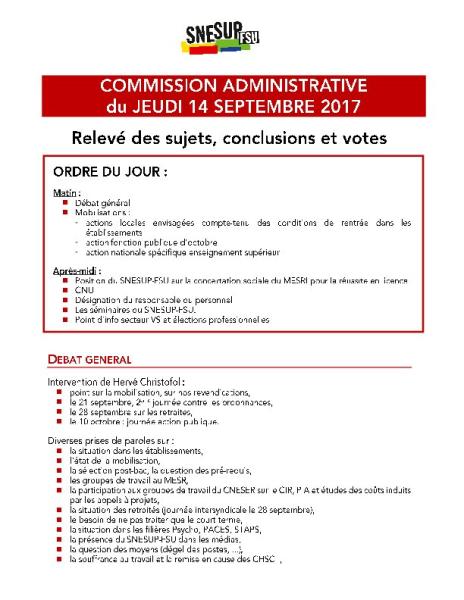 Informations sur la commission administrative du 14/09/2017