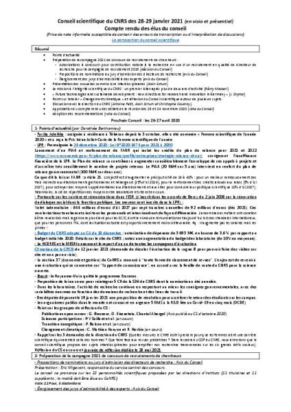 Compte-rendu du CS du CNRS des 28 et 29 janvier 2021