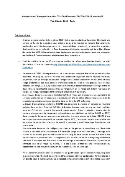 Session 2018 : Compte-rendu 5ème section PR et MCF "Qualification et CRCT"