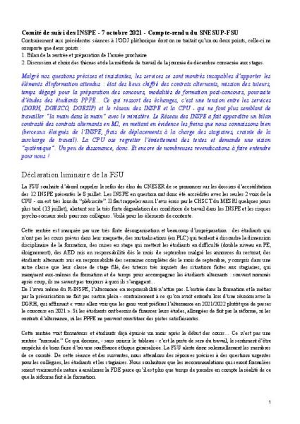 Compte-rendu du Comité du suivi des INSPÉ du 7 octobre 2021 