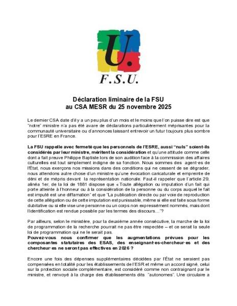 Déclaration de la FSU au CSA MESR -  25 novembre 2025