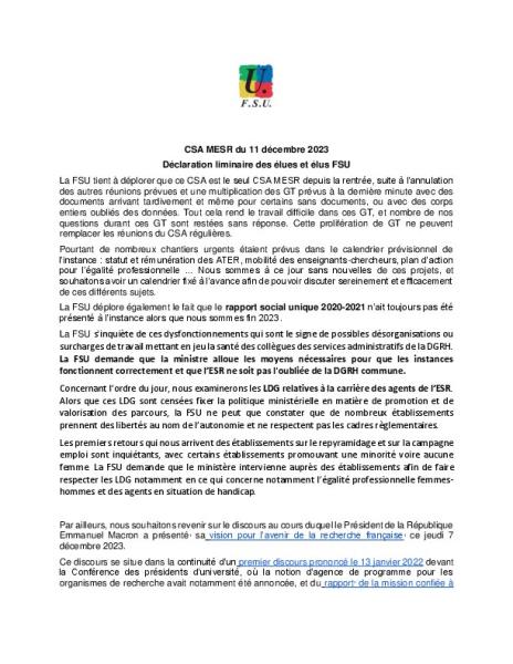 Les organisations syndicales quittent le CSA MESR du 11 décembre 2023 avant le vote des LDG