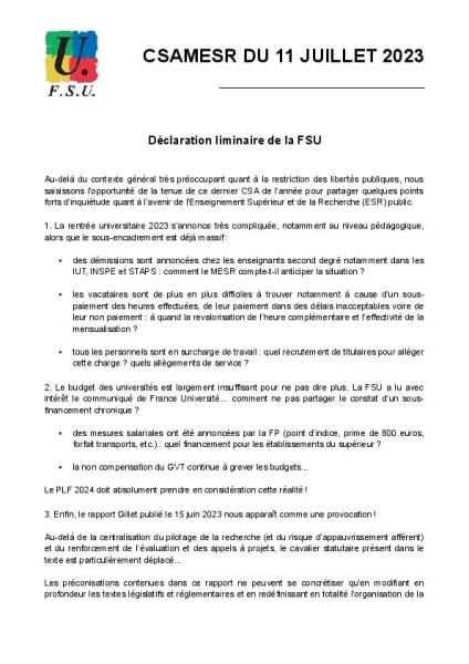 Déclaration de la FSU au CSAMESR du 11 juillet 2023