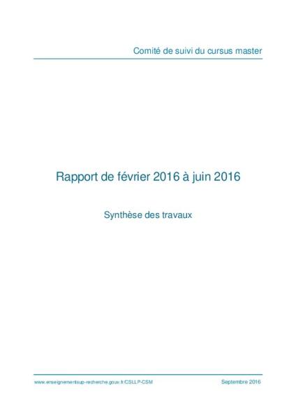 Comité de suivi du cursus master : Rapport de février 2016 à juin 2016