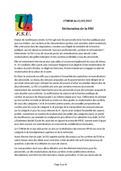CTMESR du 21 février 2017 : déclaration de la FSU