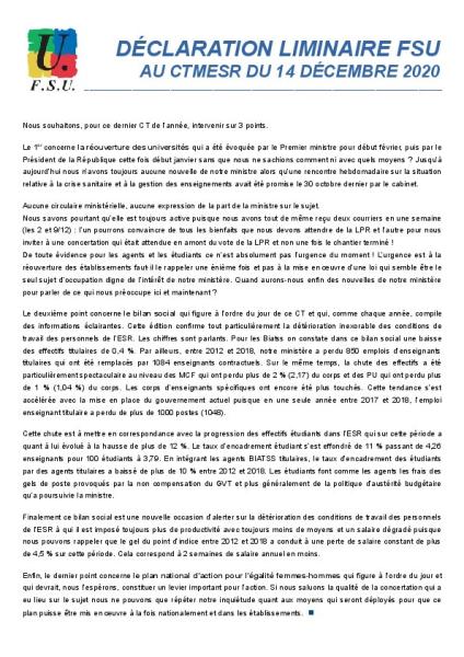 Déclaration FSU au CTMESR du 14 décembre 2020