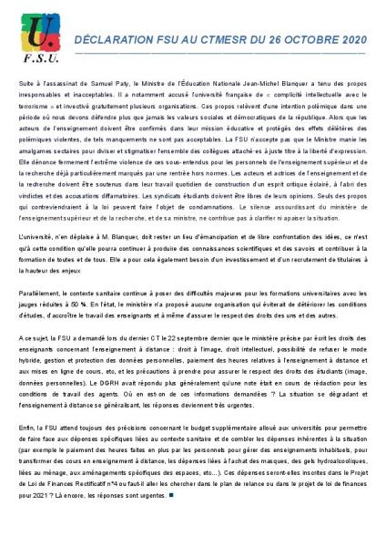 Déclaration FSU au CTMESR du 26 octobre 2020