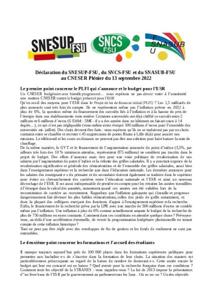 Déclaration du SNESUP-FSU, du SNCS-FSU et du SNASUB-FSU au CNESER Plénier du 13 septembre 2022