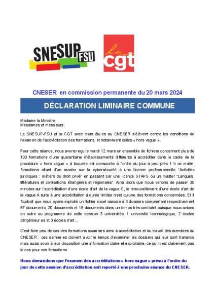 DECLARATION COMMUNE du SNESUP-CGT faite à la session d'accréditation du 20 mars 2024