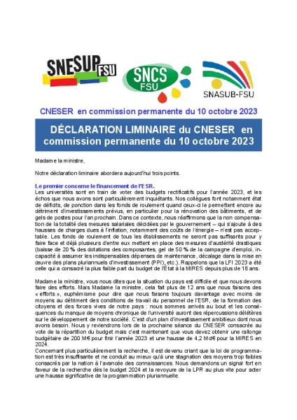 DECLARATION LIMINAIRE du CNESER en commission permanente du 10 octobre 2023