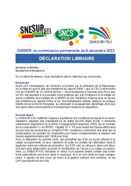 DECLARATION LIMINAIRE du CNESER en commission permanente du 5 décembre 2023