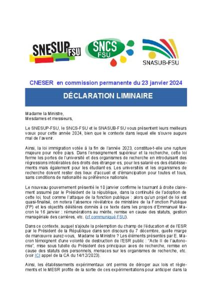 DECLARATION LIMINAIRE du CNESER en commission permanente du 23 janvier 2024