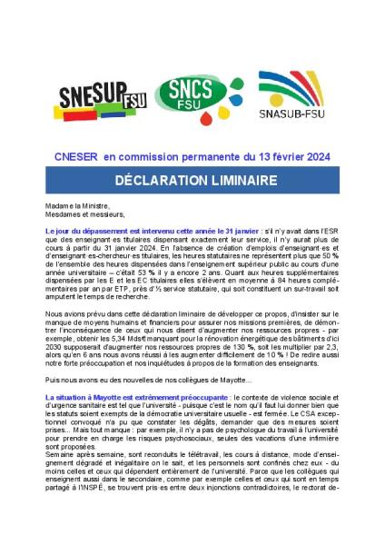 DECLARATION LIMINAIRE du CNESER en commission permanente du 13 février 2024