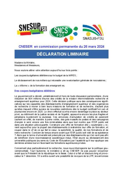 DECLARATION LIMINAIRE du CNESER en commission permanente du 26 mars 2024