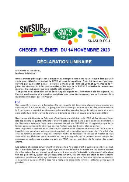 DECLARATION LIMINAIRE du CNESER en séance plénière du 14 novembre 2023