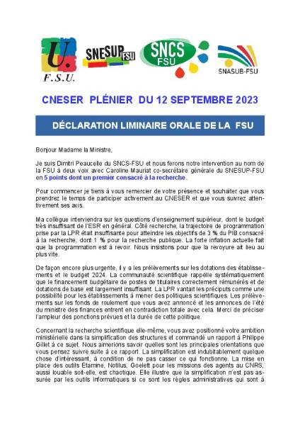 DECLARATION LIMINAIRE ORALE DE LA FSU AU CNESER PLENIER DU 12 SEPTEMBRE 2023