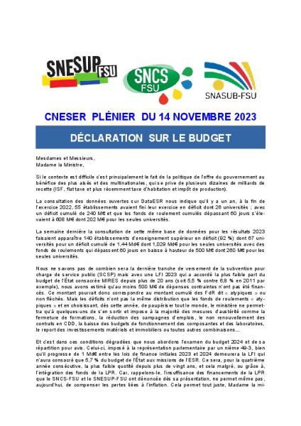 DÉCLARATION  SUR LE BUDGET - CNESER plénier du 14 novembre 2023