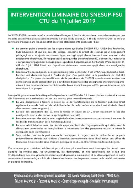 INTERVENTION LIMINAIRE du SNESUP-FSU  - CTU du 11 juillet 2019 
