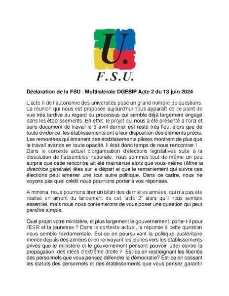 Acte 2 autonomie - Déclaration de la FSU à la multilatérale du 13 juin 2024