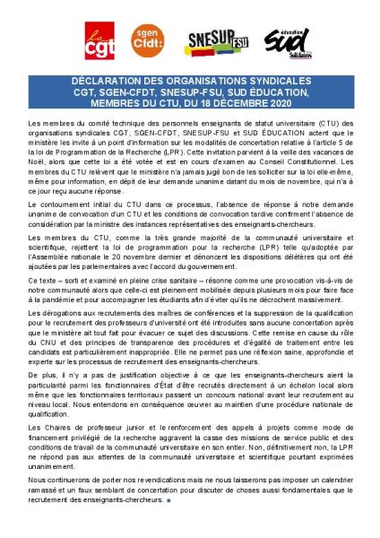 Déclaration commune CGT, SGEN-CFDT, SNESUP-FSU, SUD EDUCATION au CTU du 18 décembre 2020 
