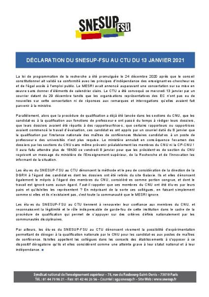 Déclaration du SNESUP-FSU au CTU du 13 janvier 2021