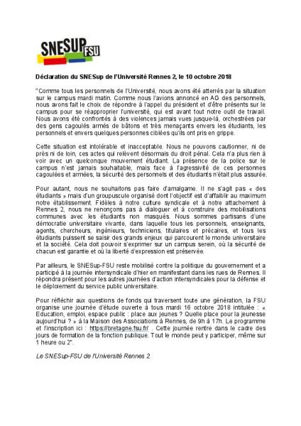 Université Rennes 2 : Déclaration de la section SNESUP-FSU, 10 octobre 2018