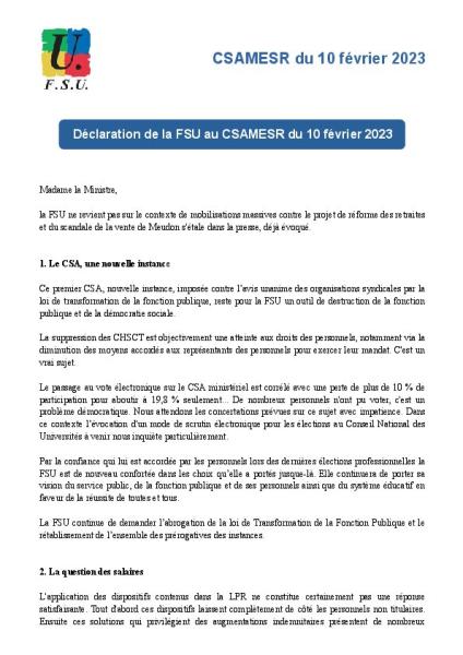 Déclaration de la FSU au CSAMESR du 10 février 2023