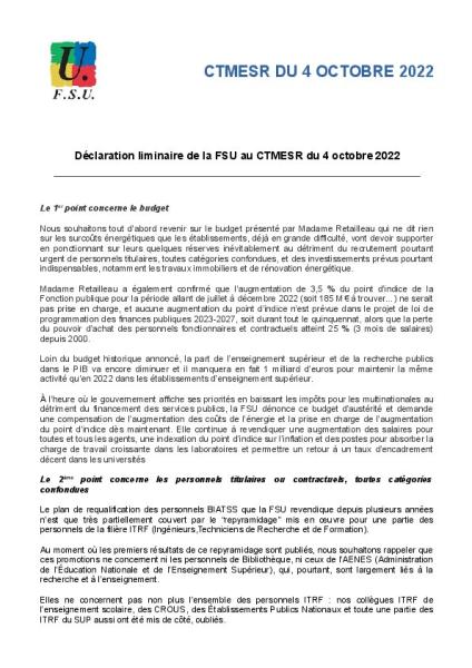 Déclaration de la FSU au CT MESR du 4 octobre 2022
