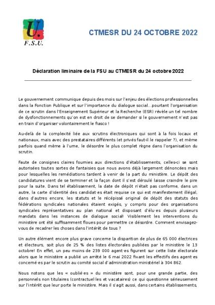 Déclaration liminaire de la FSU au CT MESR du 24 octobre 2022