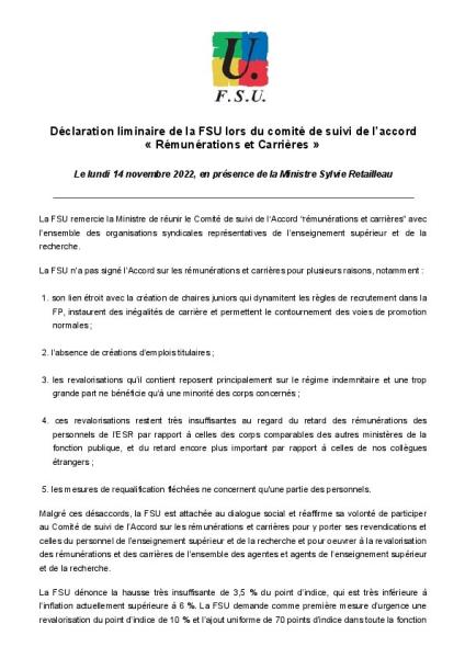 Déclaration liminaire de la FSU lors du comité de suivi de l’accord LPR « Rémunérations et Carrières » du 14 novembre 2022
