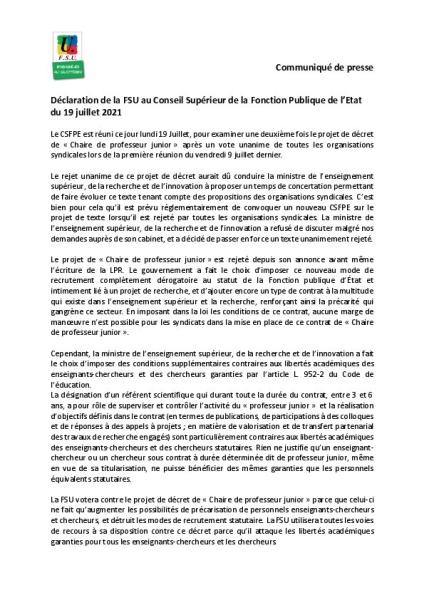 Déclaration de la FSU au CSFPE du 19 juillet 2021 - communiqué de presse