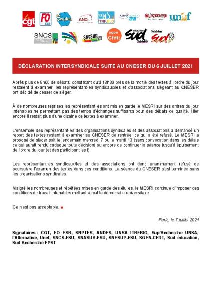 Déclaration intersyndicale suite au CNESER du 6 juillet 2021