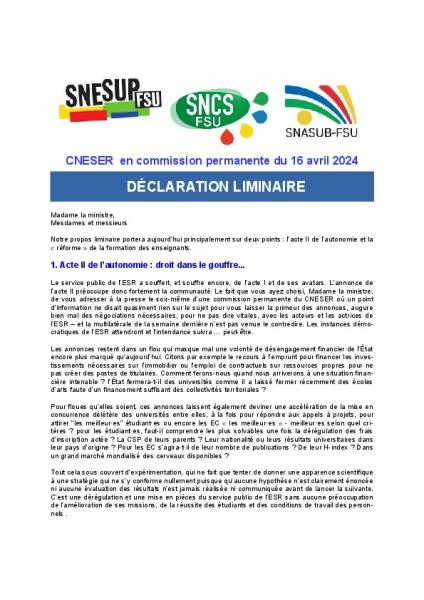 DECLARATION LIMINAIRE du CNESER en commission permanente du 16 avril 2024