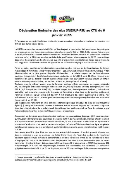 Déclaration liminaire des élus SNESUP-FSU au CTU du 6 janvier 2022.