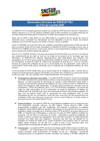 INTERVENTION LIMINAIRE du SNESUP-FSU - CTU du 2 juillet 2020