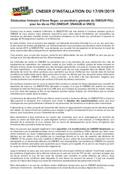 CNESER d'installation du 17 septembre 2019 - Déclaration liminaire d'Anne ROGER pour les élu.es FSU 