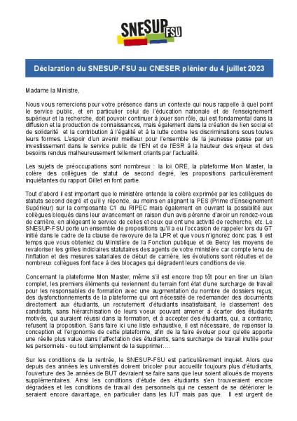 Déclaration du SNESUP-FSU au CNESER plénier du 4 juillet 2023
