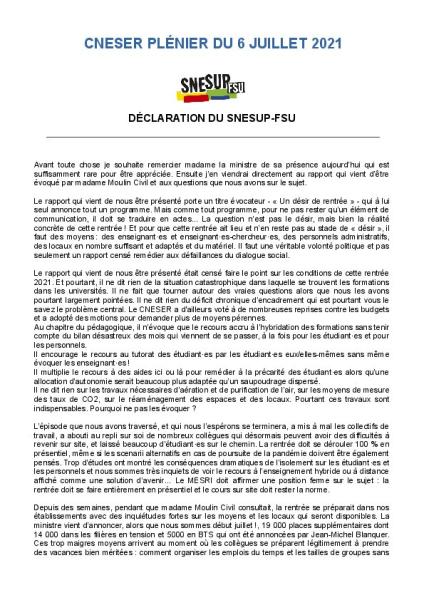 Déclaration du SNESUP-FSU au CNESER du 6 juillet 2021
