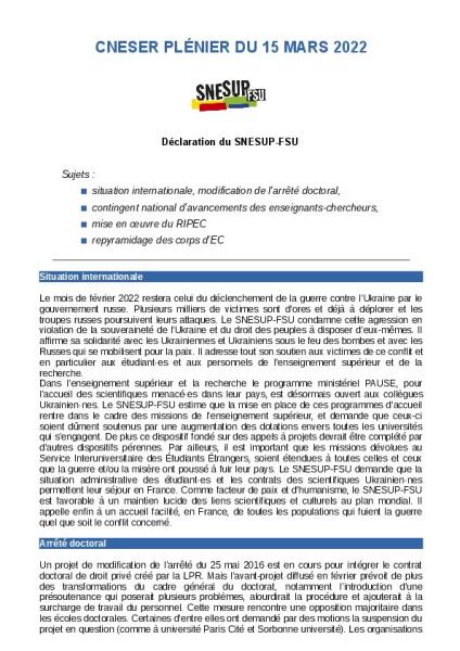 Déclaration du SNESUP-FSU au CNESER du 15 mars 2022