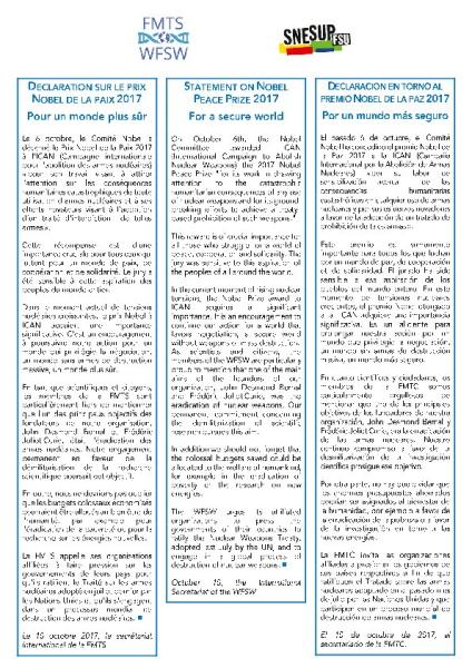DECLARATION SUR LE PRIX NOBEL DE LA PAIX 2017 - Pour un monde plus sûr