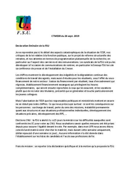Le CTMESR du 26 septembre vote unanimement la motion sur les frais de mission déposée par la FSU